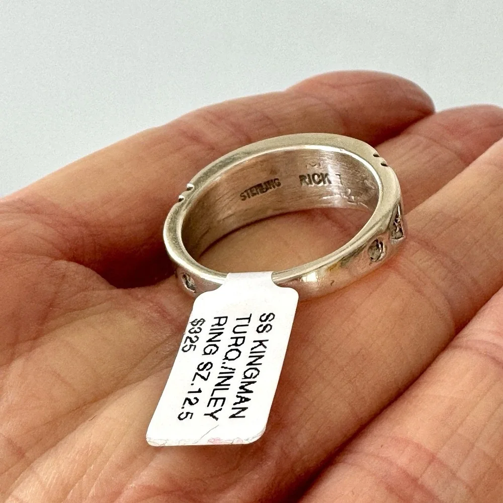 Mens Navajo Wedding Band Sz 12.5 Turquoise Opal Inlay 9mm‎ Ring Signed Tolino